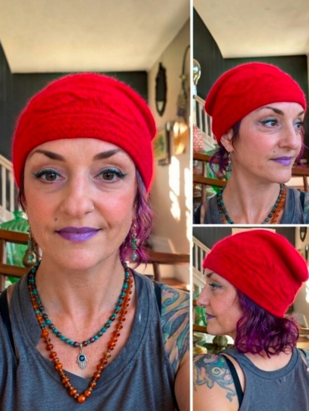 El Daws 100% Cashmere Red Cable Knit Fitted-Band  Slouchy Beanie Hat